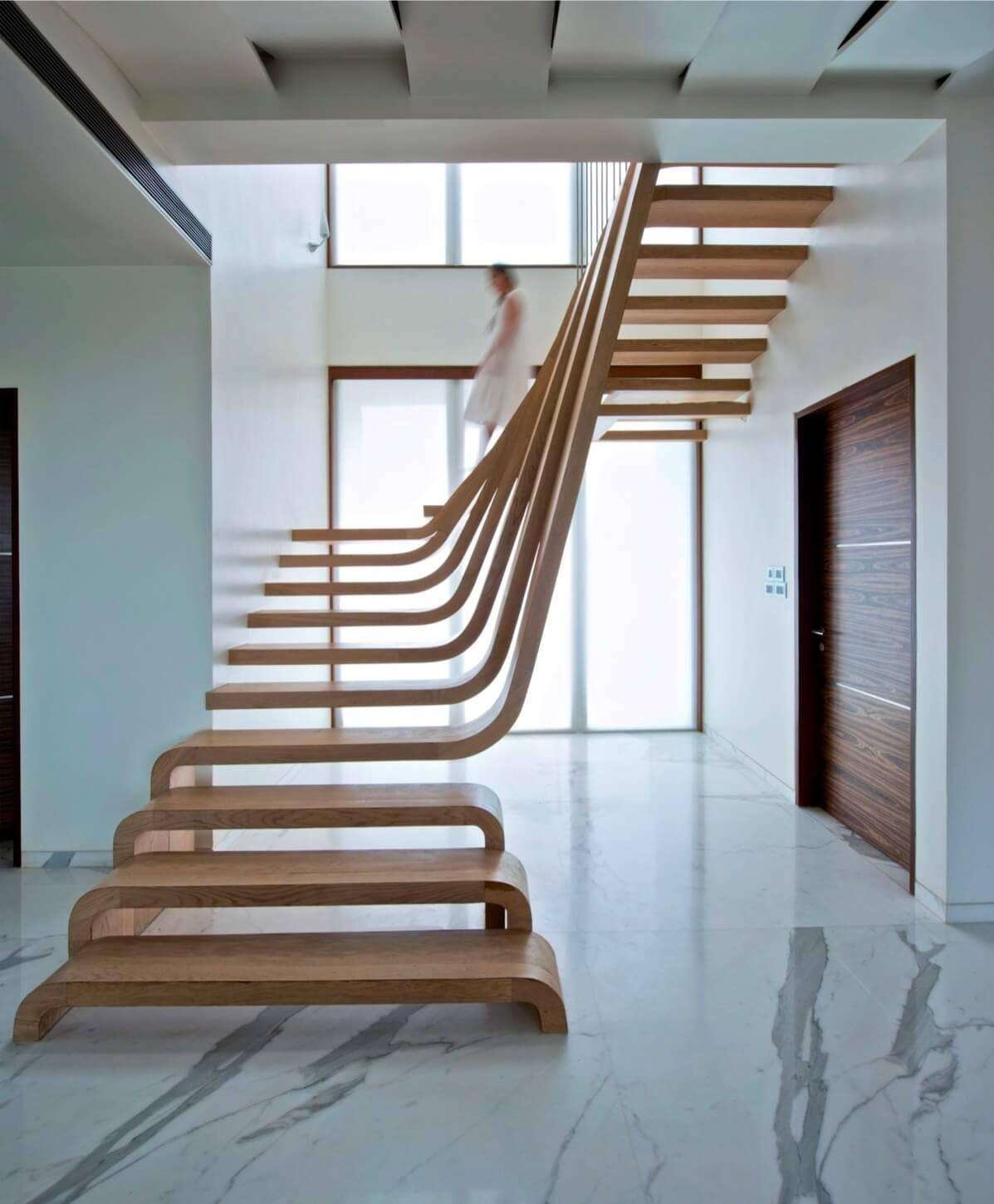 Modern floating staircase with LED lighting, step illumination, ambient light function, customized design, wooden tread