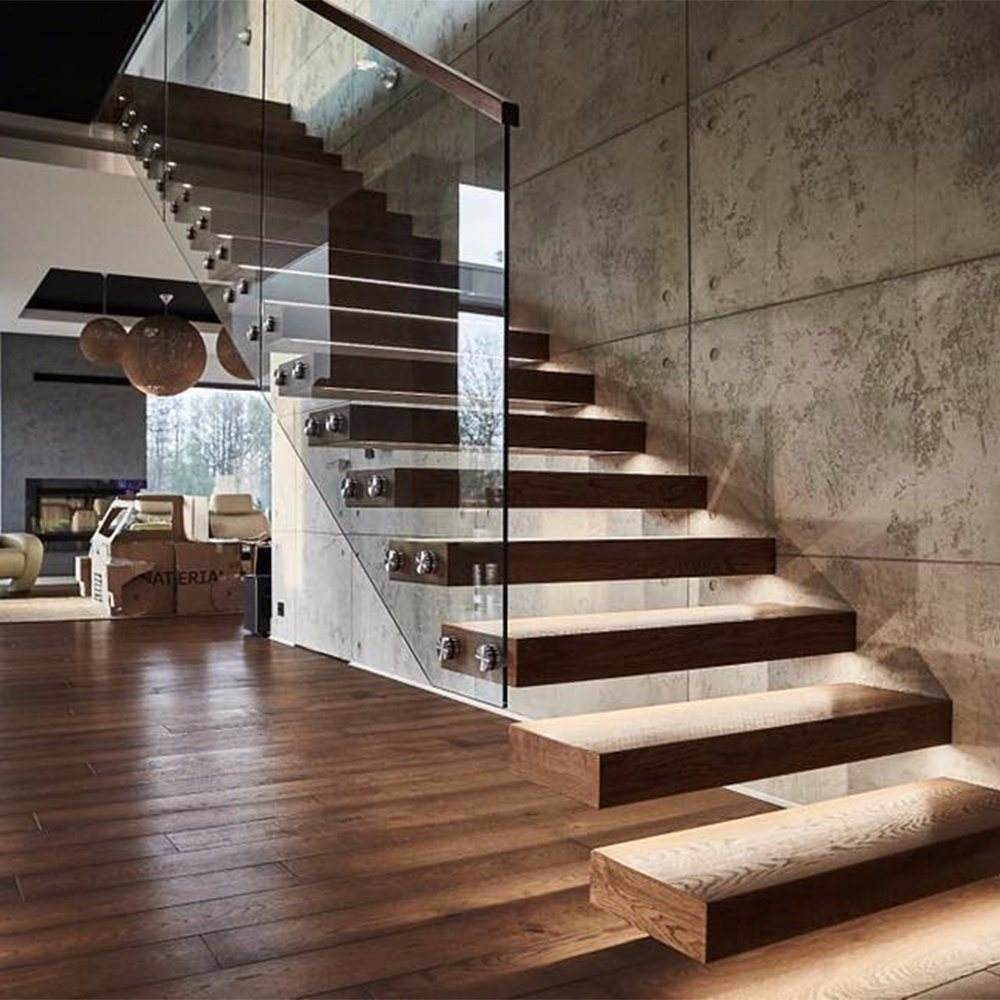 Modern floating staircase with LED lighting, step illumination, ambient light function, customized design, wooden tread