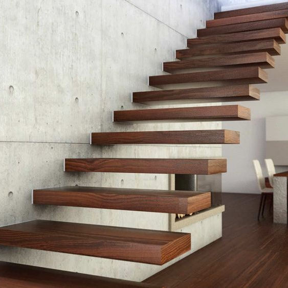 Modern floating staircase with LED lighting, step illumination, ambient light function, customized design, wooden tread