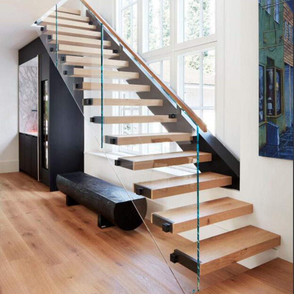 Floating cantilever staircase structure with wooden steps supporting the building