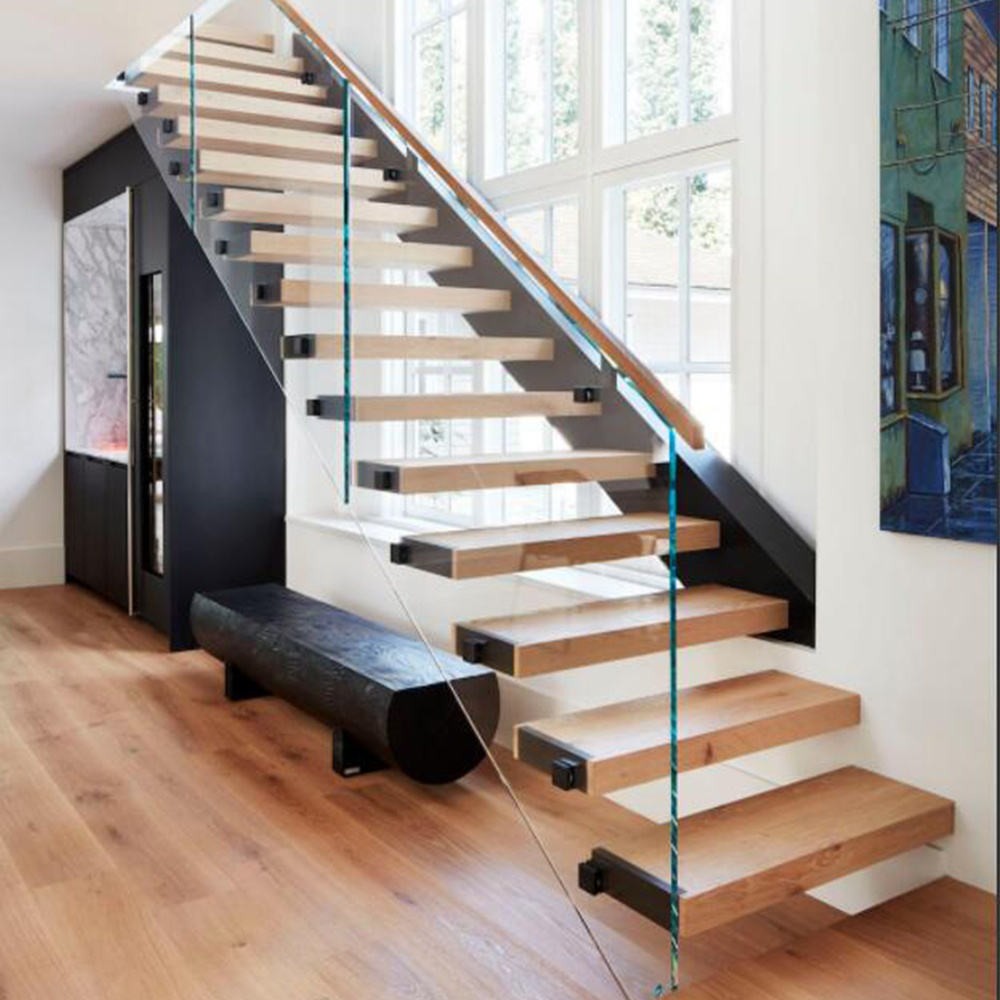 Floating cantilever staircase structure with wooden steps supporting the building