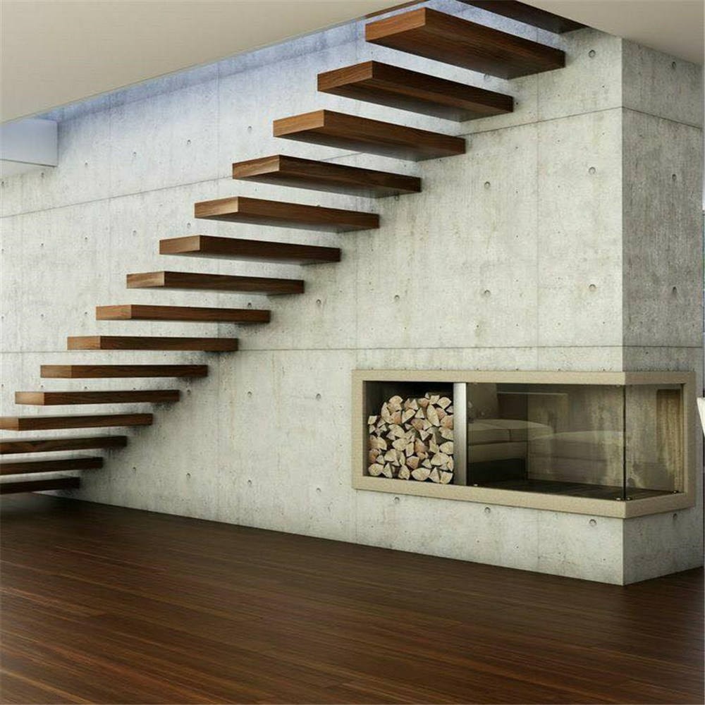 Floating cantilever staircase structure with wooden steps supporting the building