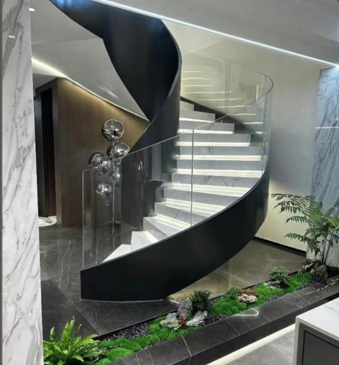Sculptural Black Glass Helical Staircase