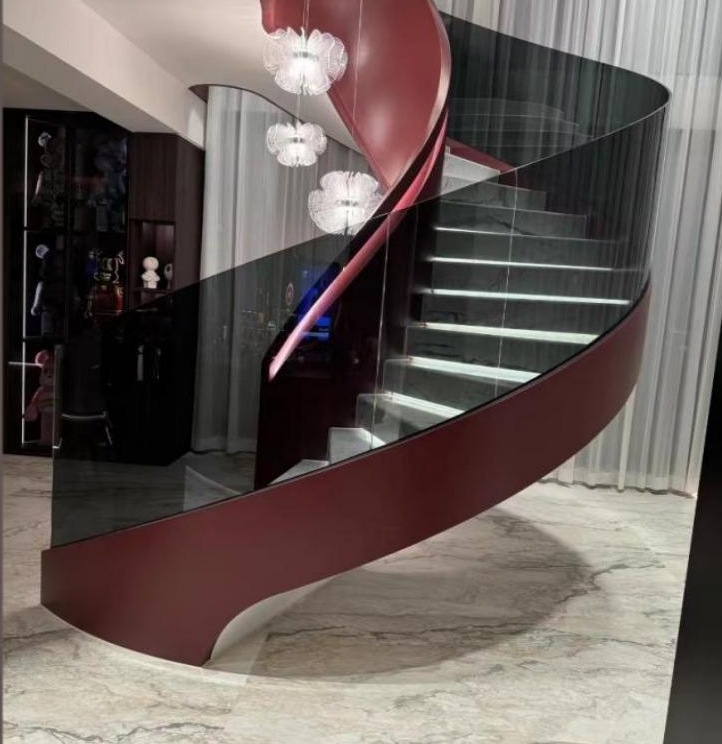 Red Glass Curved Staircase with Chandelier