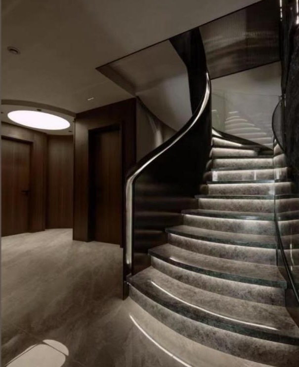 Black Glass Curved Staircase with LED Lighting
