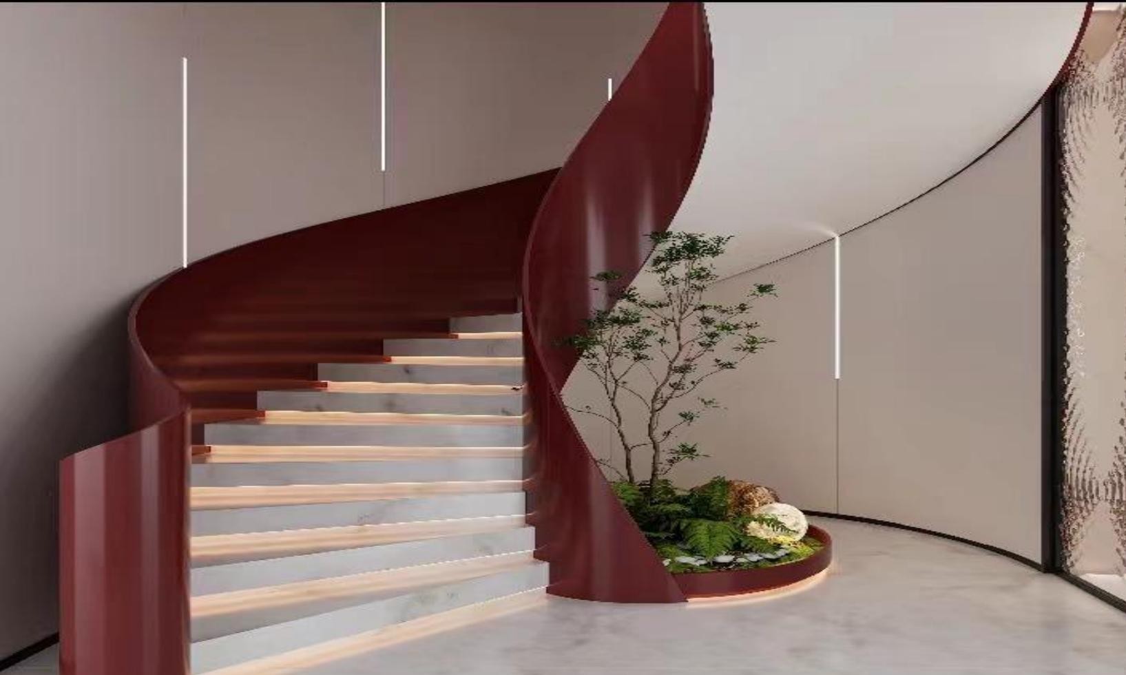 Red Ribbon Helical Staircase with Indoor Garden (Model 2205)