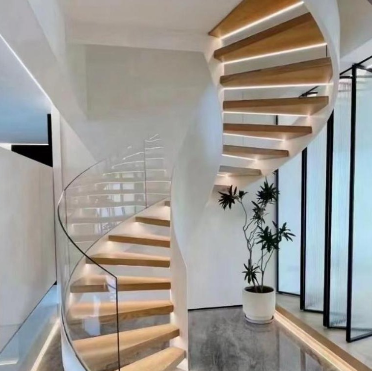 Wood-Tone Helical Glass Spiral Staircase (Model 3202)