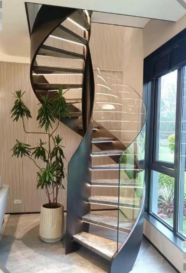 Black Helical Glass Staircase by Window (Model 3206)