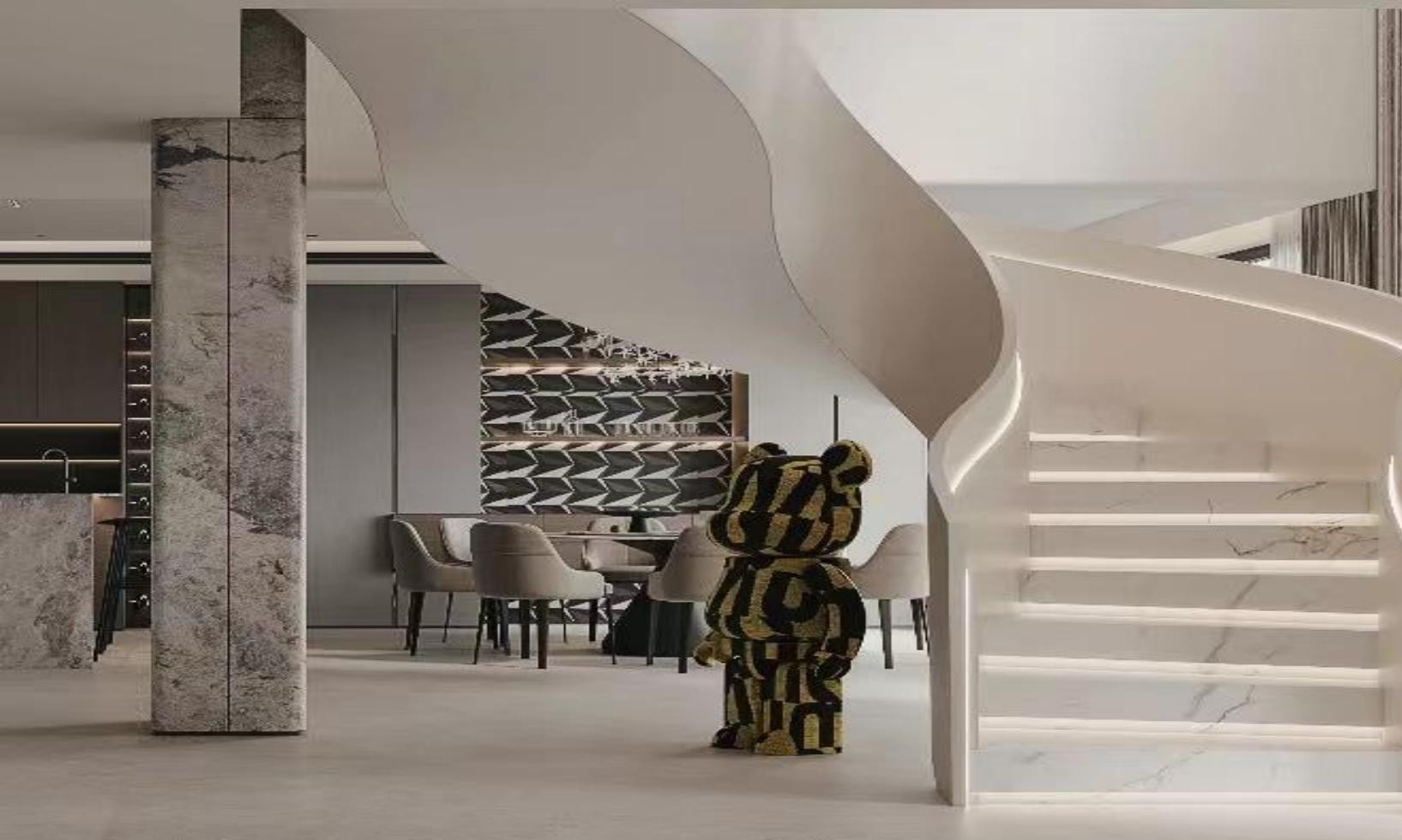 White Double-Plate Curved Staircase with Marble Wall (Model 6202)