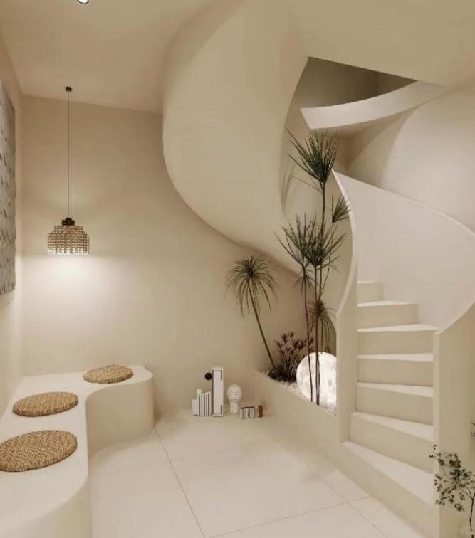 White Double-Plate Curved Staircase with Plants (Model 6205)