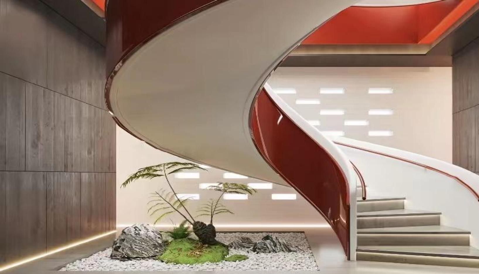 Red and White Double-Plate Curved Staircase (Model 6211)