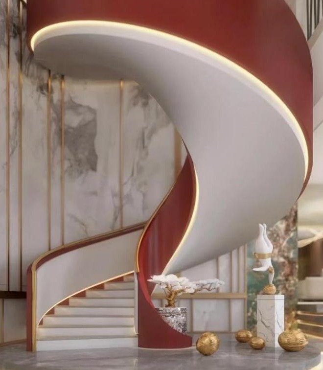 White Double-Plate Curved Staircase with Gold Trim (Model 6212)