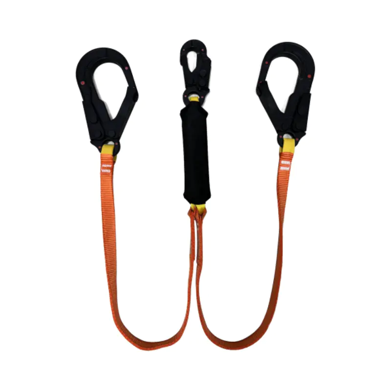L16 Dielectric Twin Lanyard With Shock Absorber, Two Insulated Big Hooks, One Insulated Small Hook，Double-Deck Polyester Webbing, Fall Arrest