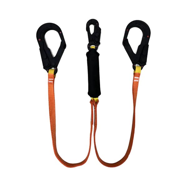 L16 Dielectric Twin Lanyard With Shock Absorber, Two Insulated Big Hooks, One Insulated Small Hook，Double-Deck Polyester Webbing, Fall Arrest