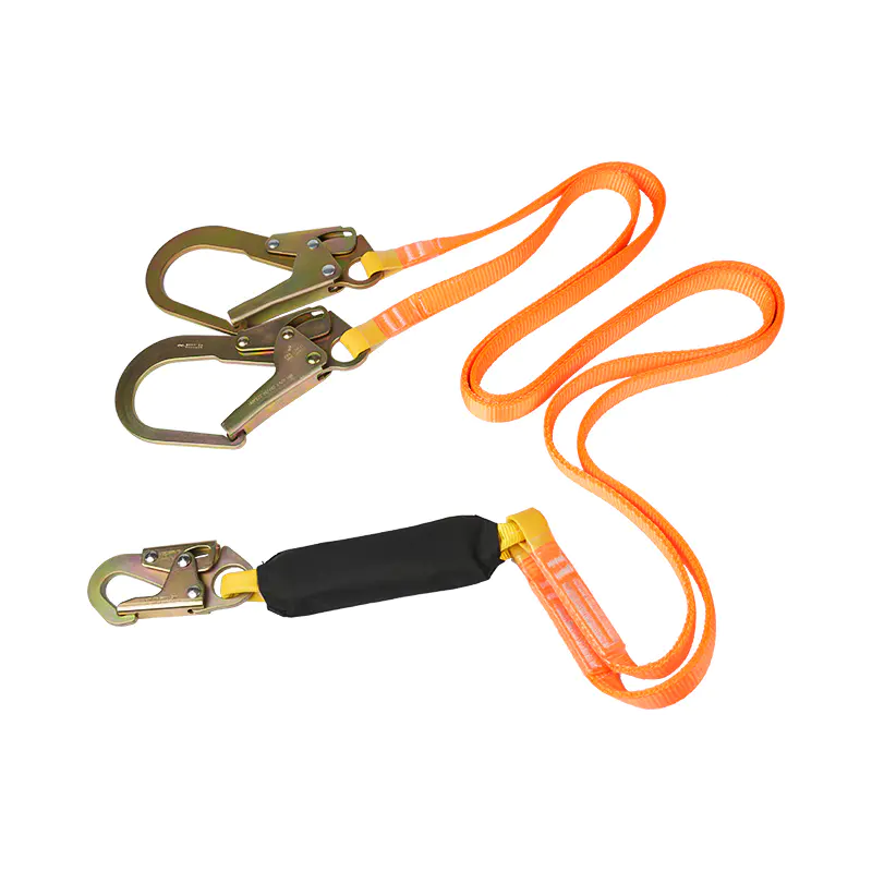 L19 Fall arrest twin safety lanyard with thick webbing and ANSI hooks