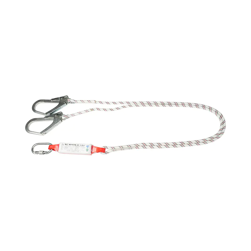 L04 Shock Absorber Twin Rope Lanyard With 2 Scaffold Hooks And 1 Carabiner , Fall Protection
