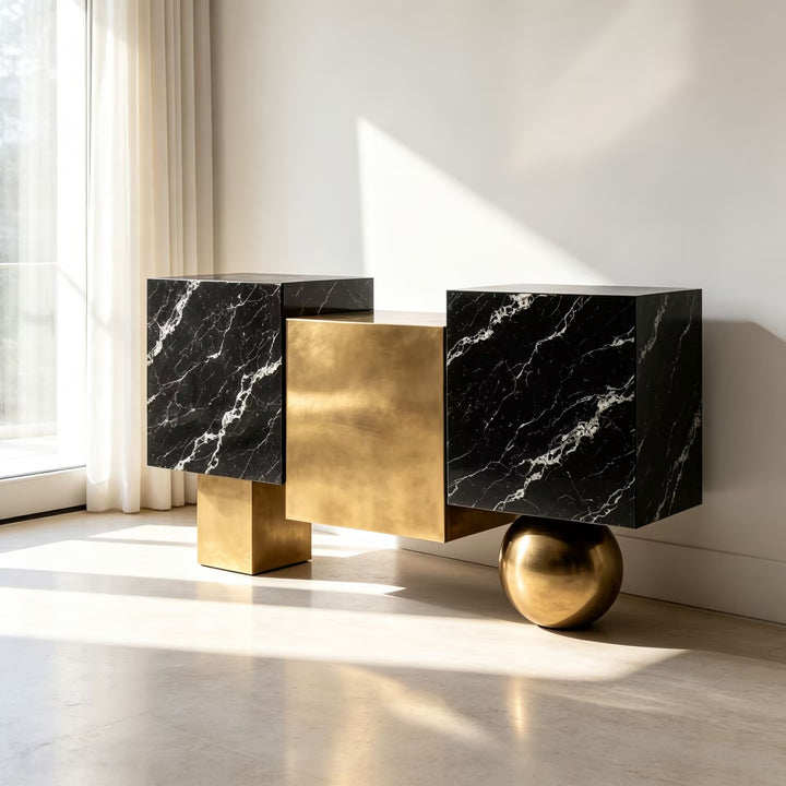 Onyra Unique Artistic Upscale Irregular Marble Metal Sideboard