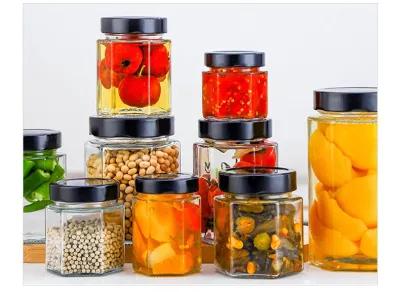 Hexagon shape glass jar with wide edge metal lid