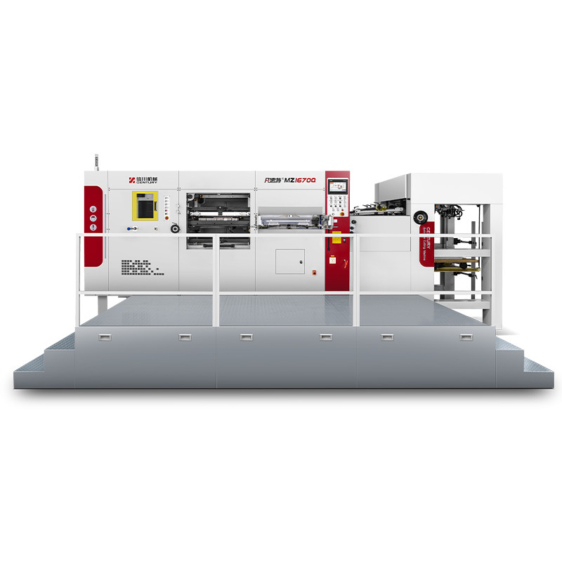 Fast MWZ1450G automatic flatbed die cutting machine with stripping section — front view showing feeder and delivery stack
