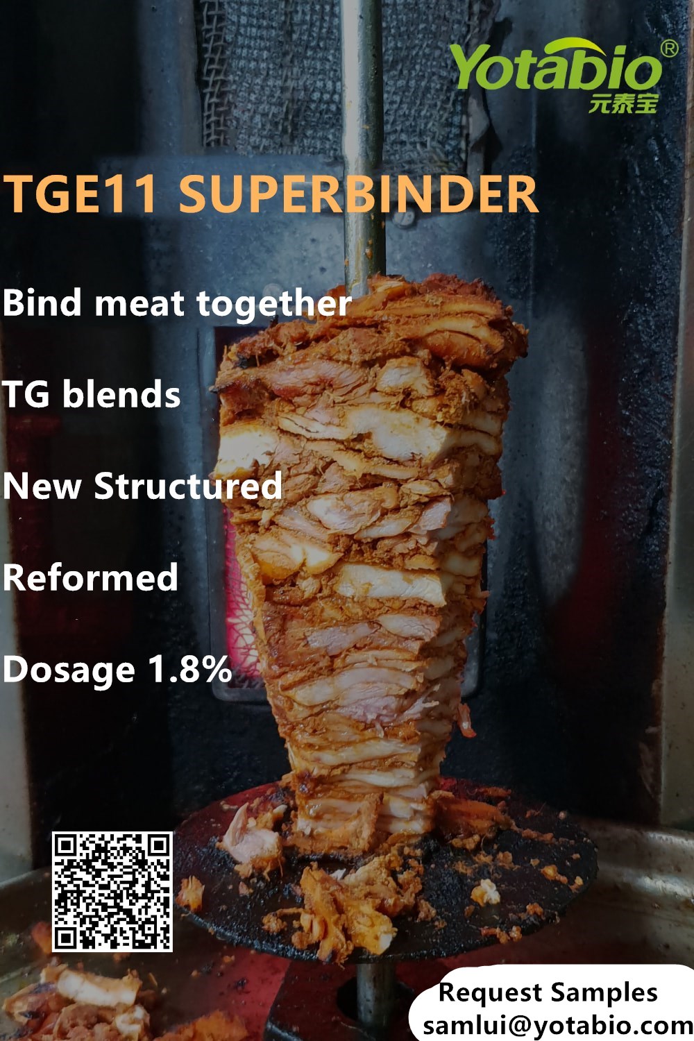 Transglutaminase improving doner kebab binding and structural integrity.