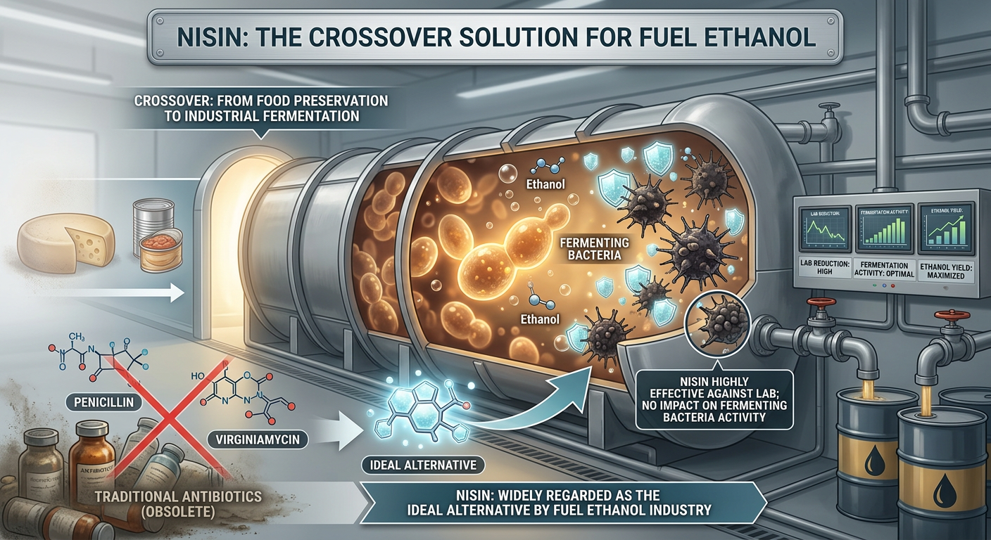 Nisin can inhibit Lactic Acid Bacteria (LAB) in the industrial production of bioethanol