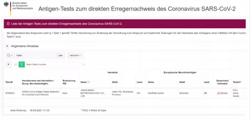 antigen rapid test passed the BfArM approve