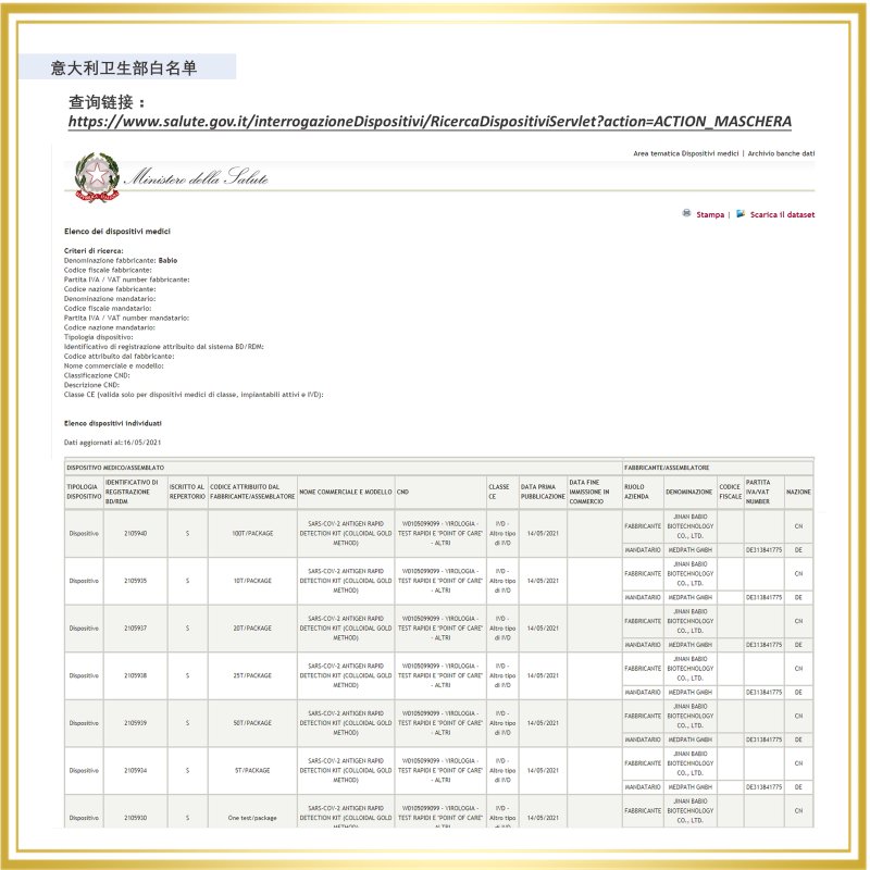 The new coronavirus (SARS-CoV-2) rapid antigen detection reagent (colloidal gold method) developed by Jinan Biotech has been registered with the German BfArM 