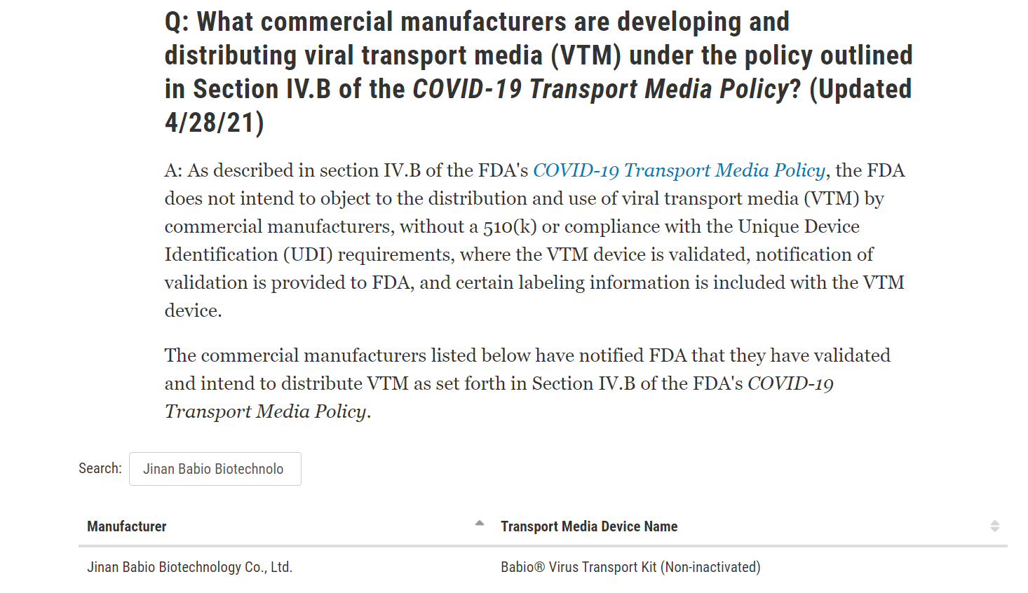 viral transport media (VTM)  got the FDA approve