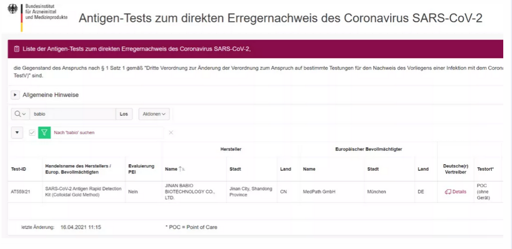 test rapide d'antigène passé l'approbation BfArM