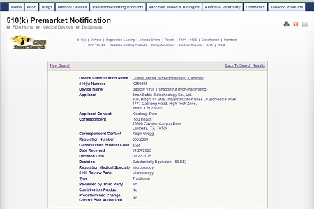 BABIO obtiene la autorización 510(k) de la FDA para su kit de transporte de virus (no inactivante)