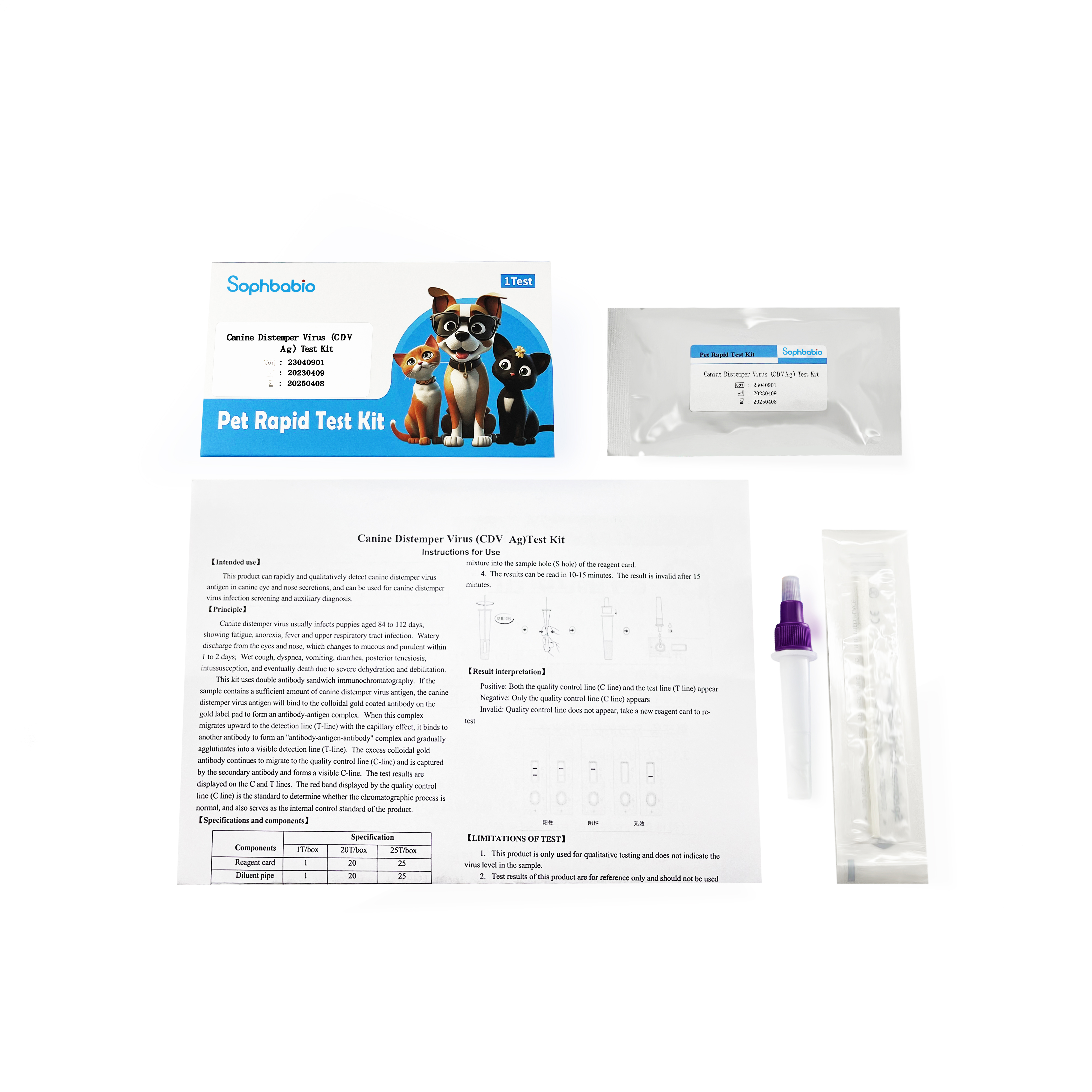 Kit de detección del antígeno del virus del moquillo canino (CDV Ag) de Sophbabio