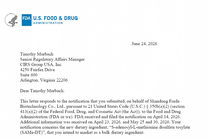 Press Release | Freda Biotech’s SAMe-DT Successfully Passes U.S. FDA NDI Notification
