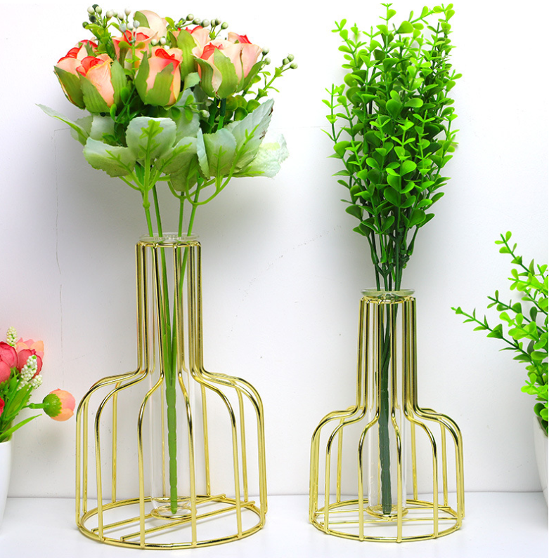 Metal Frame Hydroponic Bottle Glass Flower Vase