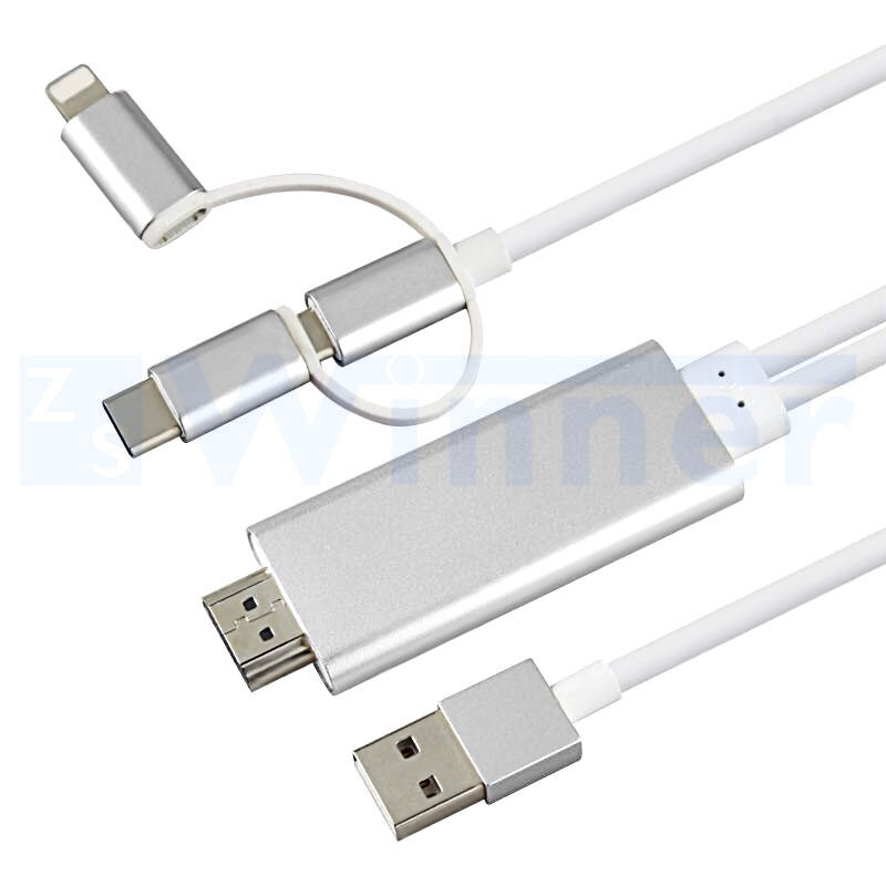 3 in 1 Multiple USB Charging Cable High Speed HDMI® Cable with Type C / 8 Pin Lighting / Micro USB Connector