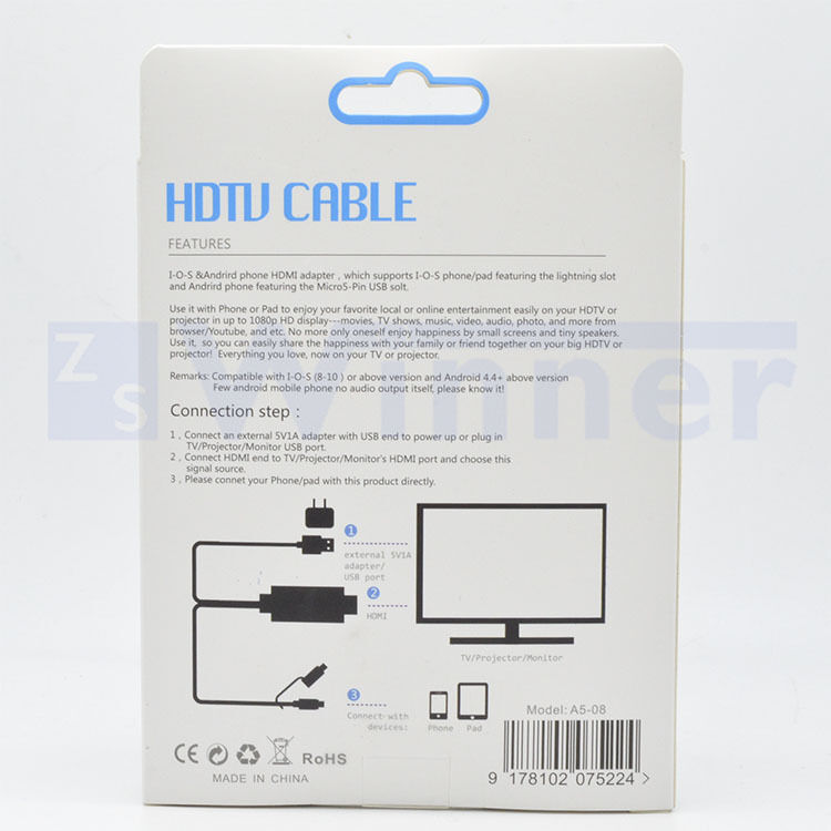 2 in 1 USB to HDMI® Cable 4K , HDMI® media adapter for Smartphone to HDMI® Cable 1080P HDTV Adapter