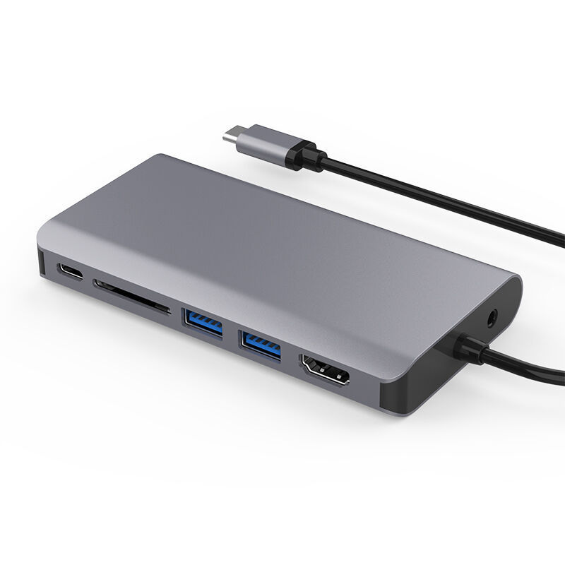 USB-C multiport adapter with HDMI+VGA output, USB data transfer, GbE, SD card reader, PD and audio output