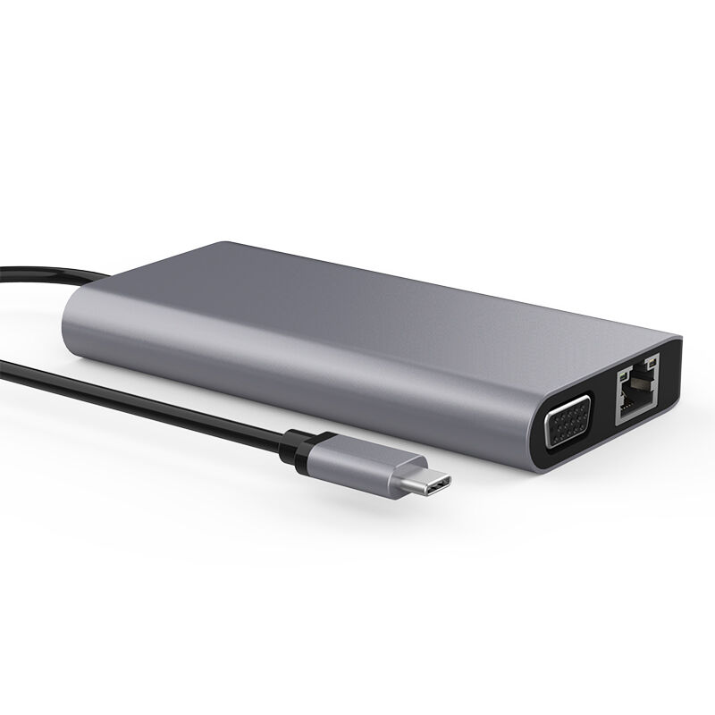 USB-C multiport adapter with HDMI+VGA output, USB data transfer, GbE, SD card reader, PD and audio output