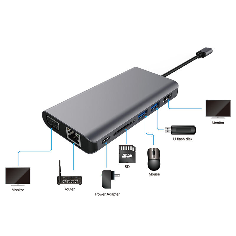 USB-C multiport adapter with HDMI+VGA output, USB data transfer, GbE, SD card reader, PD and audio output