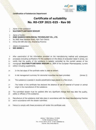 The Betadex Sulfobutyl Ether Sodium obtained CEP certificate