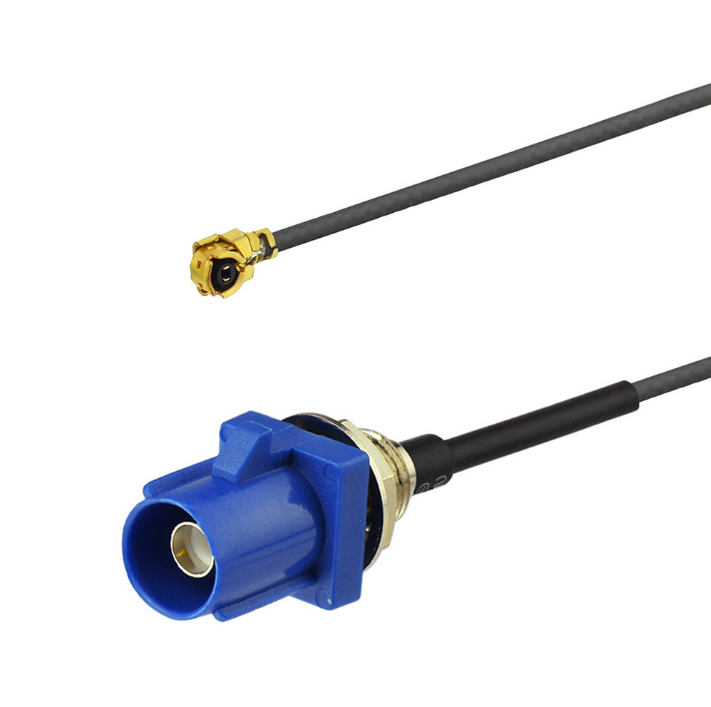 Fakra C Male Panel Mount Blue Connector to U.FL IPEX Pigtail Cable Fakra C Male Panel Mount Blue Connector to U.FL IPEX Pigtail Cable
