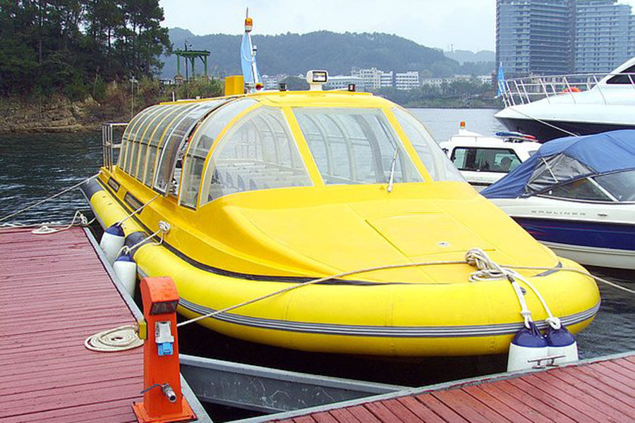 China 32ft 28 Seater FRP Yellow Color Water Taxi Boat For Sale