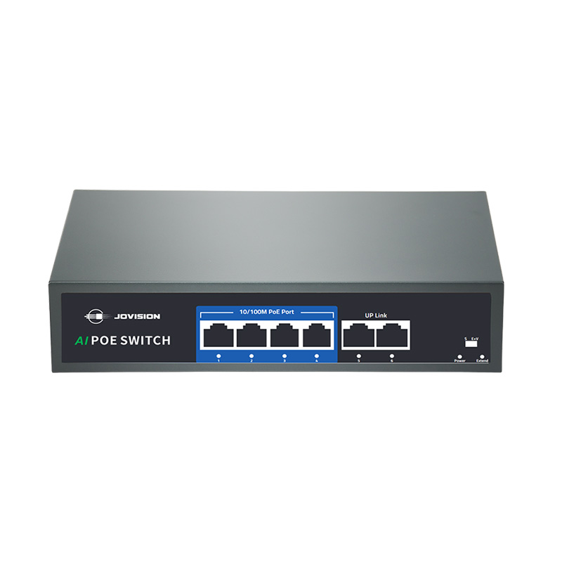 “4-port PoE switch; auto-detect IEEE802.3af/at devices; VLAN/Extend modes only for data or power as needed
