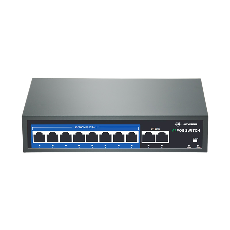 8-port PoE switch with AI detection, IEEE 802.3af/at compliance, VLAN/Extend modes, and 120W power budget.
