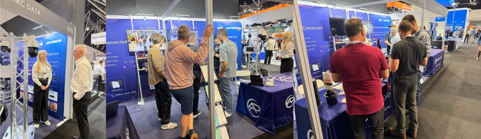 International buyers discussing Jovision AI security solutions at Booth H50 in Sydney