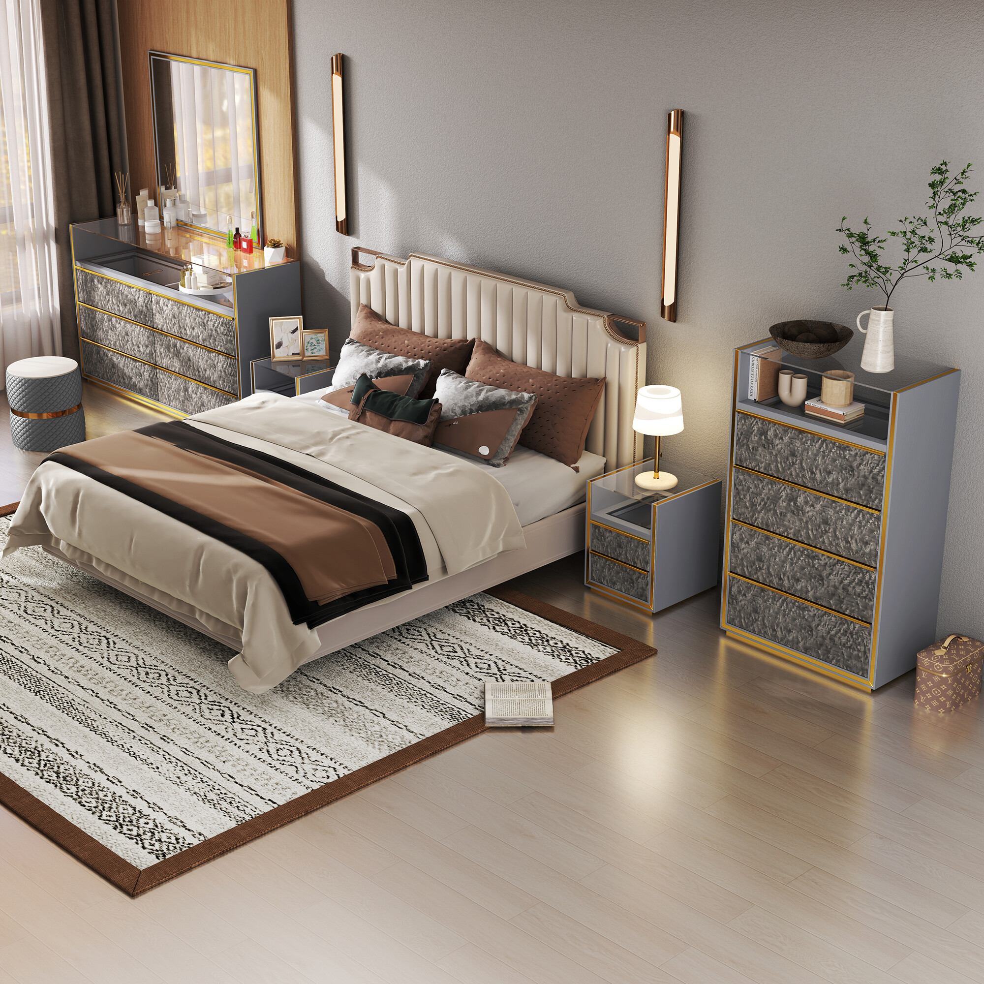 Use four pieces of panel furniture (bed, bedside table, dresser, wardrobe) to enhance the high-end feeling of the bedroom