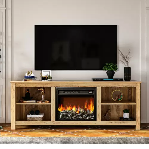 Classic 4 Cubby Fireplace TV Stand , Rustic Oak