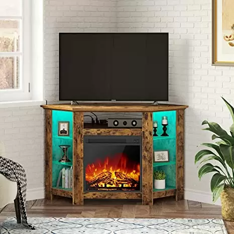 Fireplace Corner TV Stand,Entertainment Center for Living Room,Rustic Brown