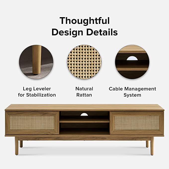 Modern Farmhouse TV Cabinet  with Rattan Sliding Doors(Natural Oak)