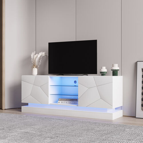 TV Cabinet Wholesale, White TV Stand with Lights, Modern LED TV Cabinet with Storage Drawers