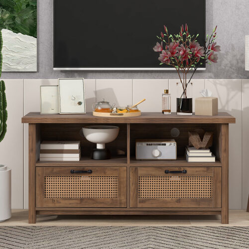  TV cabinet with a maximum size of 55 inches, rattan cabinet door, slide rail design
